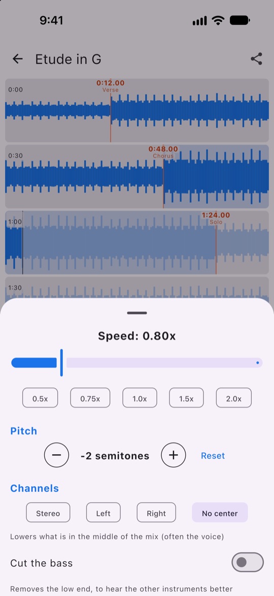 Sound settings: speed, pitch, channels